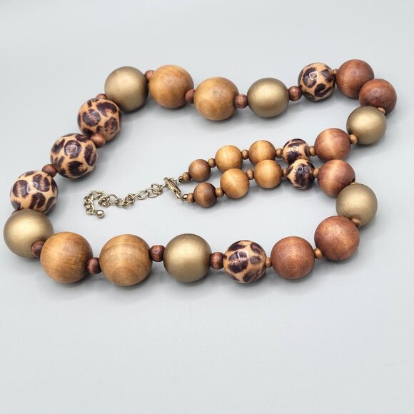 Wooden and Resin Beaded Necklace Animal Print Accents Wood Spacers 24" - Picture 1 of 9